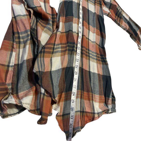 NATURAL REFLECTIONS Open Cardigan Sz L Coral Plaid Check Waterfall Lace Back - Picture 8 of 11